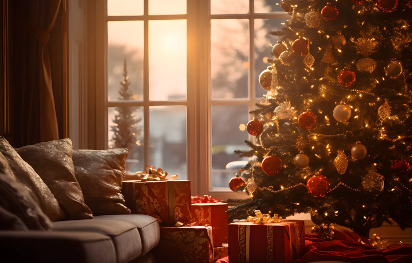 Photo wallpaper decoration, sofa, balls, tree, New Year, Christmas, gifts, new year