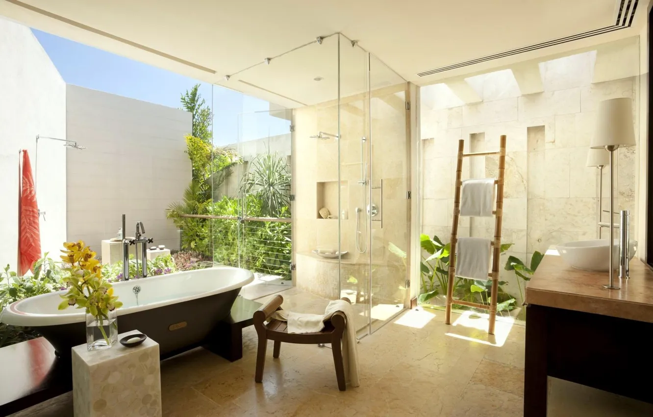 Photo wallpaper bench, towel, yard, bath, Orchid