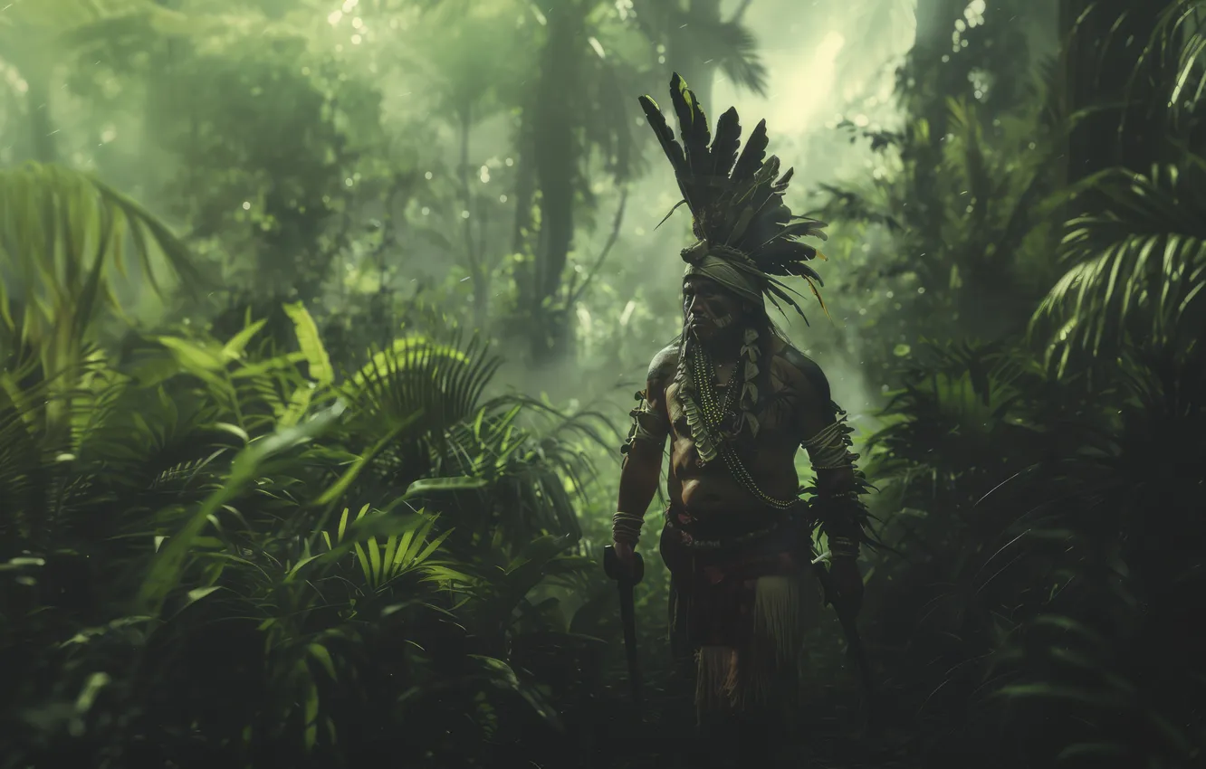 Photo wallpaper Feathers, Warrior, Maya, Jungle, Male, Digital art, Indian, AI art