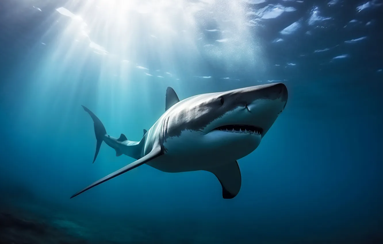 Photo wallpaper predator, shark, underwater world, the rays of the sun, digital art, AI art, The Art …