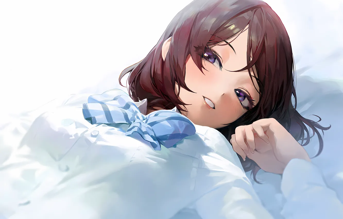 Photo wallpaper girl, brown hair, anime, beautiful, short hair, purple eyes, pretty, attractive