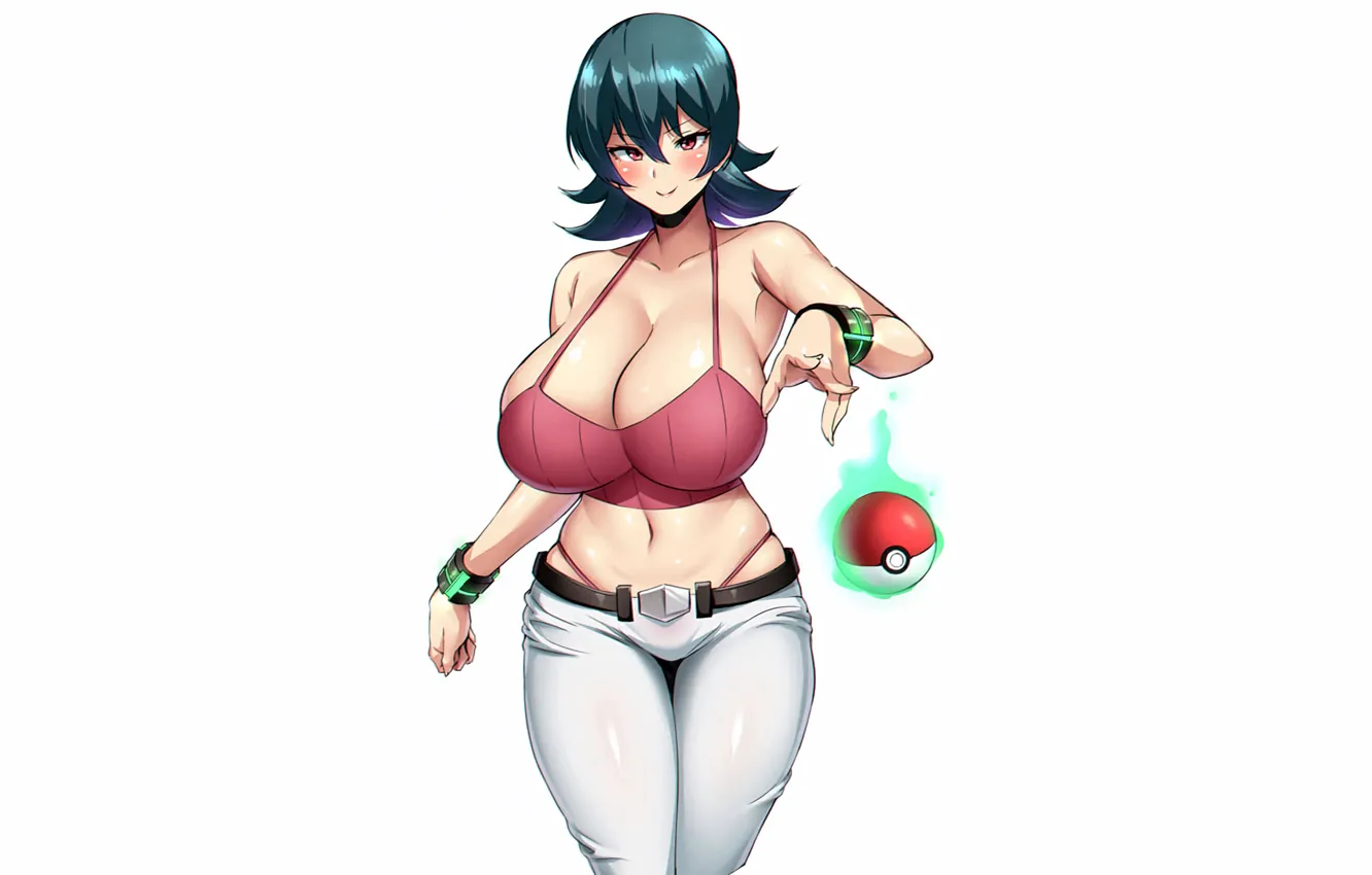 Photo wallpaper girl, sexy, cleavage, boobs, anime, beautiful, red eyes, short hair