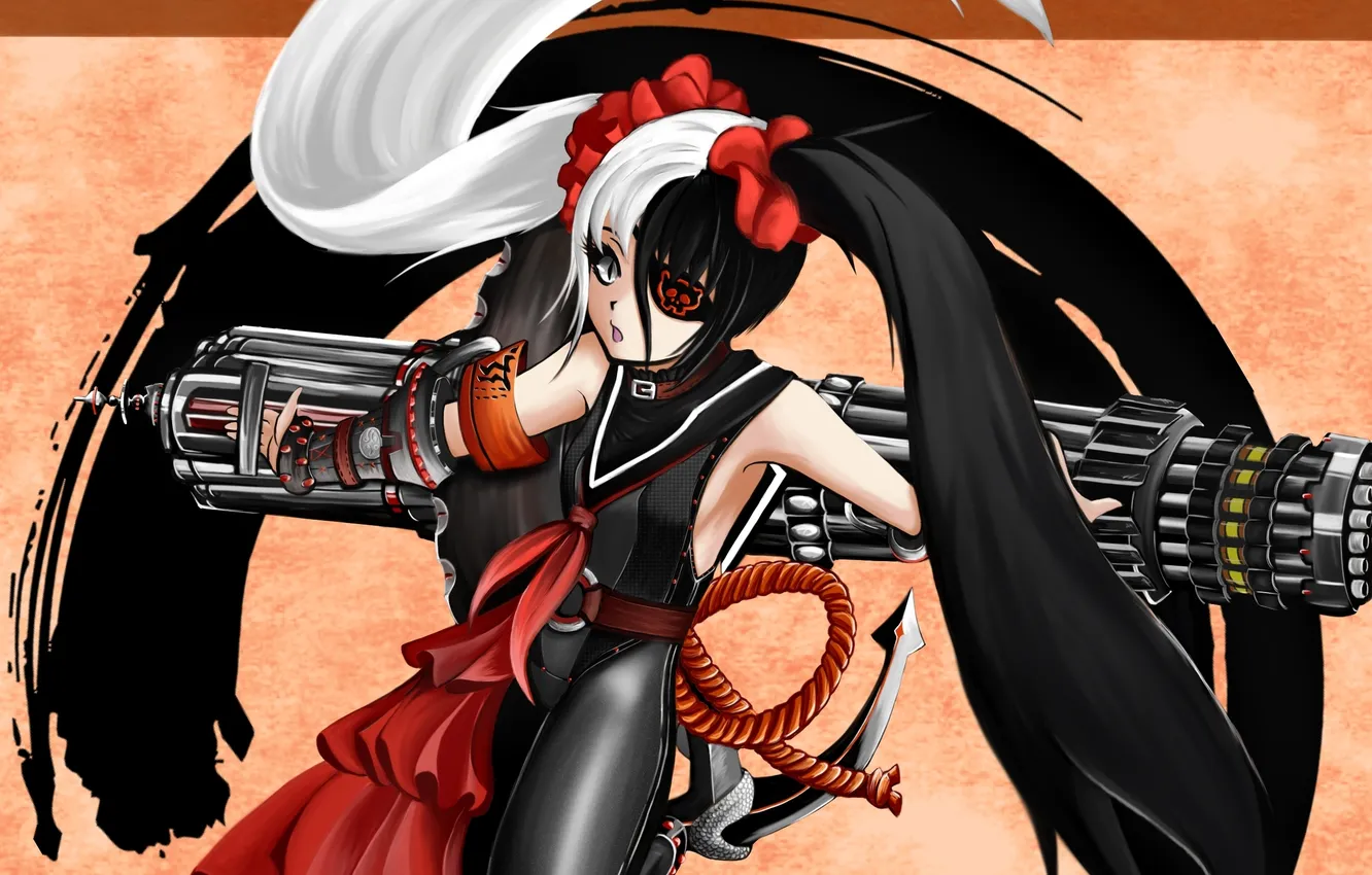 Photo wallpaper white, girl, weapons, black, skull, rope, art, headband