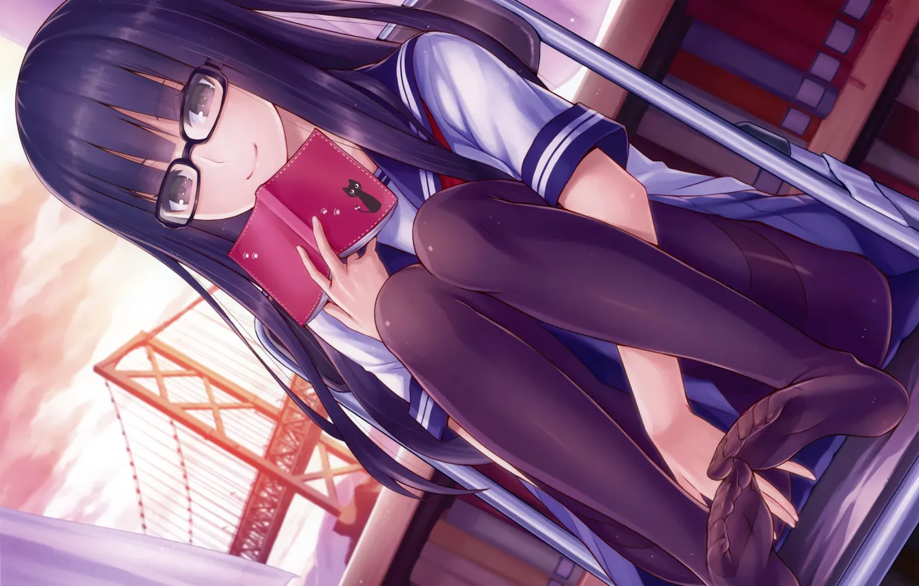 Photo wallpaper look, girl, smile, glasses, book, schoolgirl, art, reading