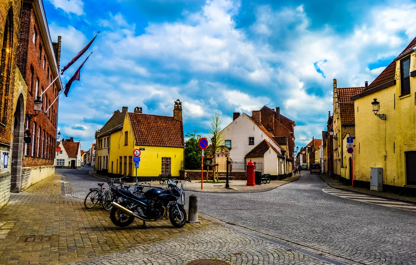 Photo wallpaper road, home, Belgium, lanes, motorcycle, bikes, streets, Bruges