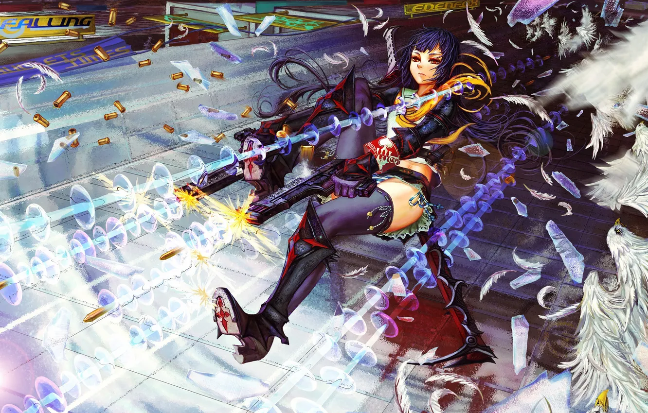 Photo wallpaper girl, fragments, gun, building, feathers, shot, drop, sleeve