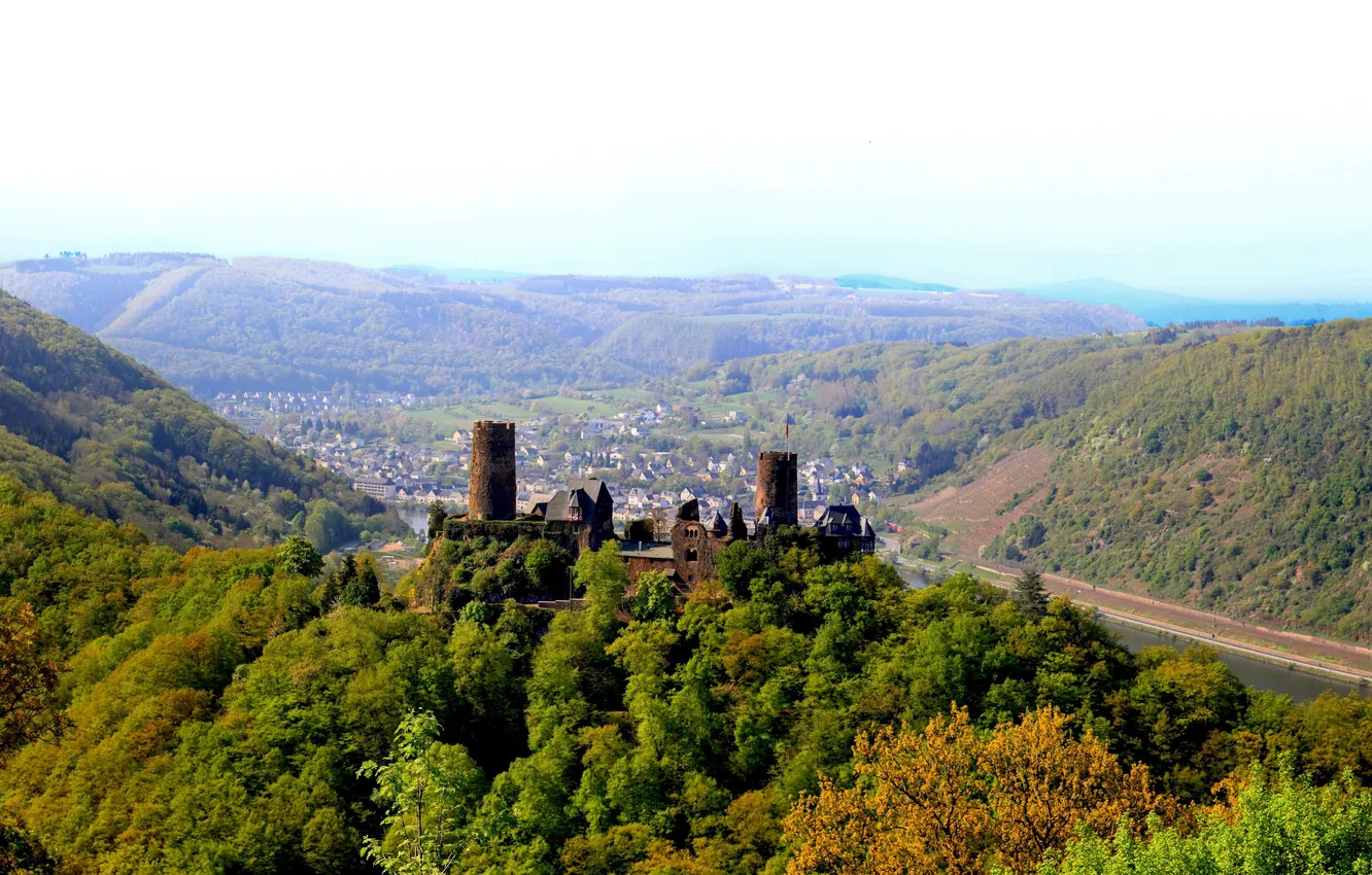 Photo wallpaper river, castle, Germany, valley, panorama, town, Germany, castle
