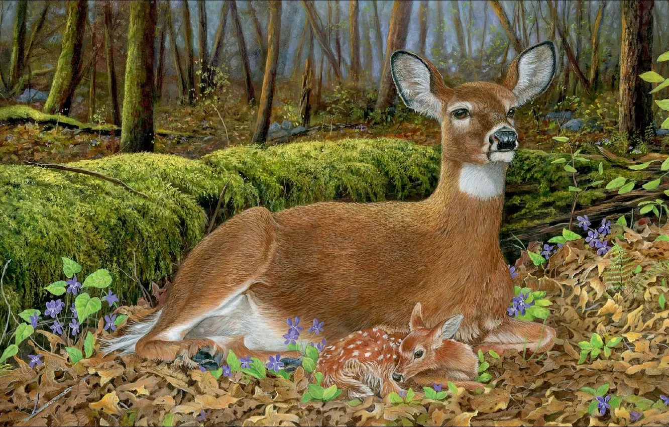 Photo wallpaper autumn, picture, deer, painting