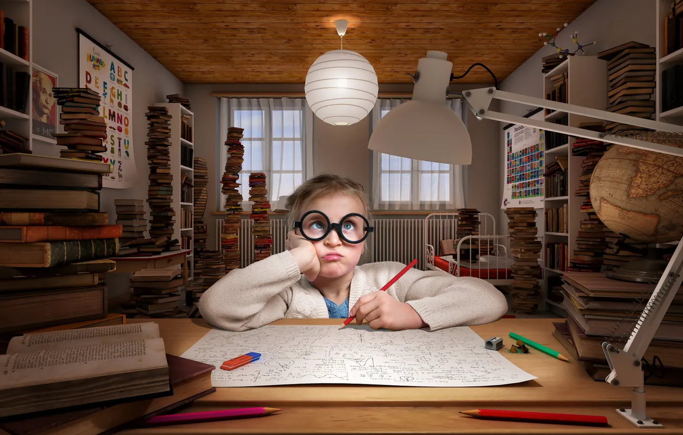 Photo wallpaper room, pencils, girl