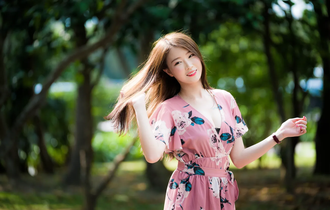 Photo wallpaper girl, dress, Asian, bokeh