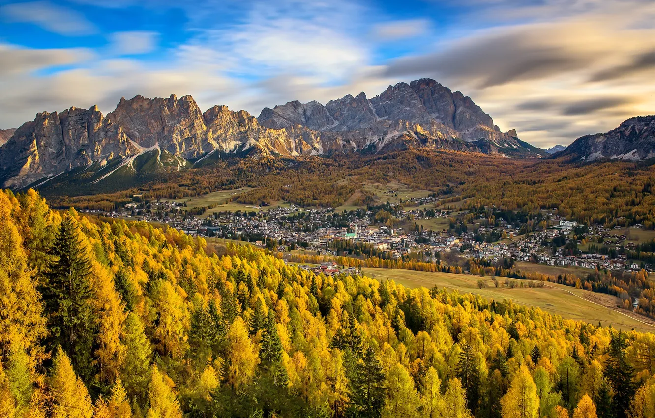 Photo wallpaper autumn, mountains, valley, Italy, The Dolomites