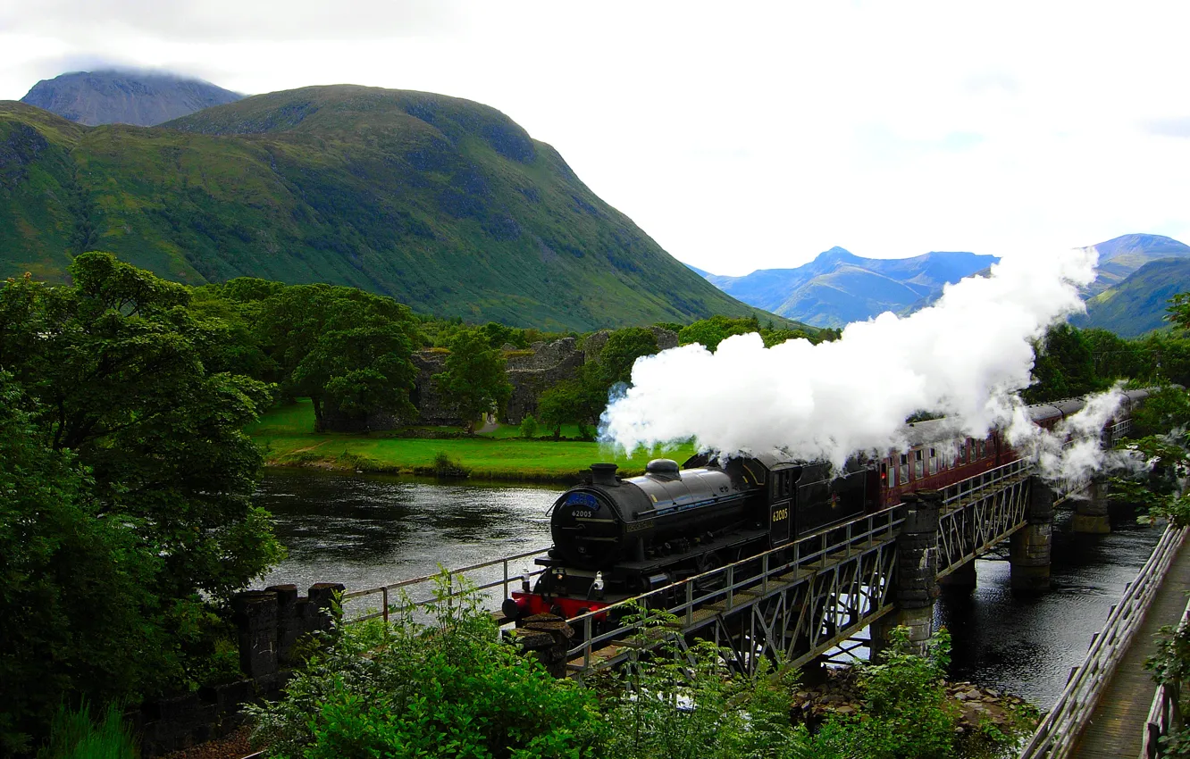 Photo wallpaper mountains, river, train, Hogwarts Express