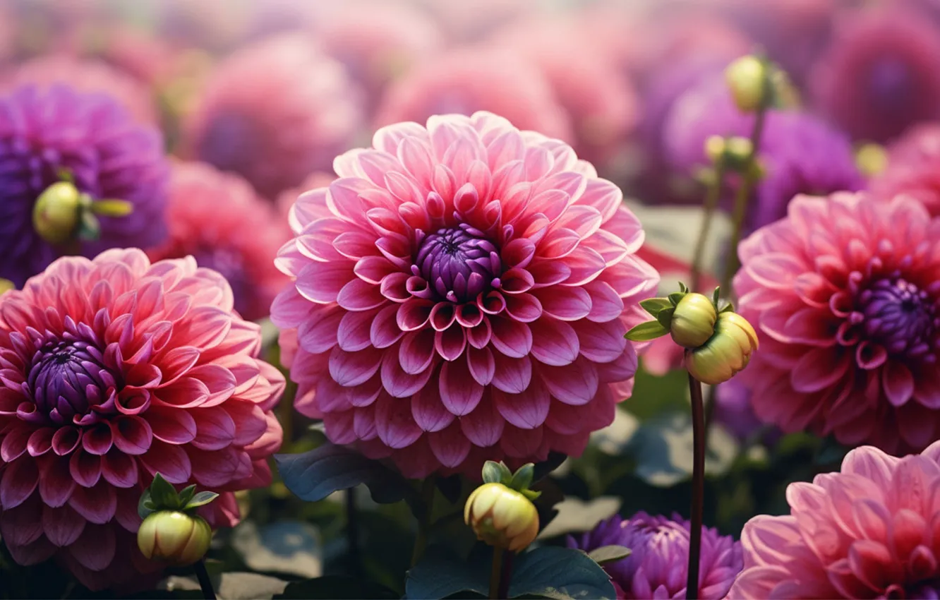 Photo wallpaper macro, flowers, garden, pink, dahlias, AI art, neural network