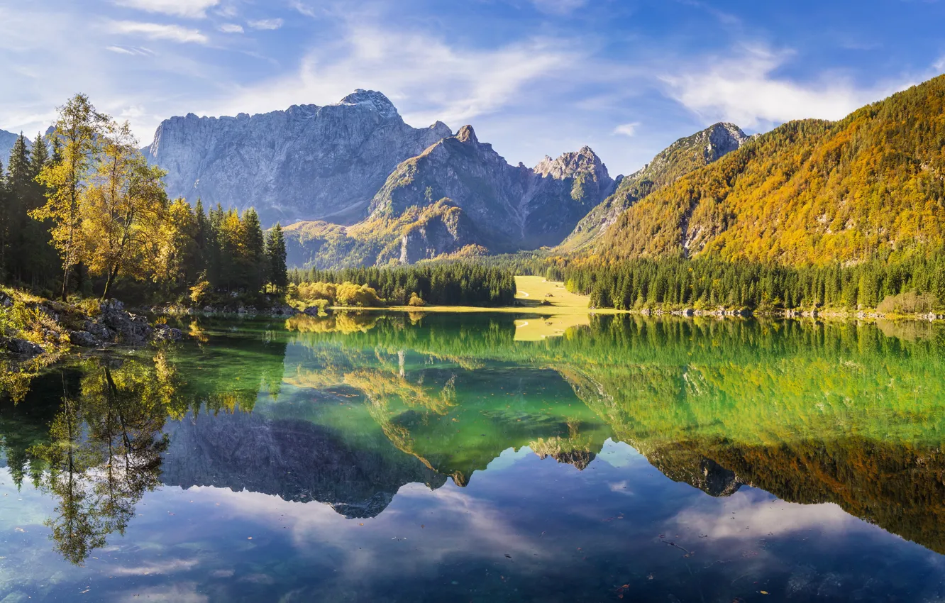 Photo wallpaper forest, trees, mountains, lake, reflection, rocks, Sunny