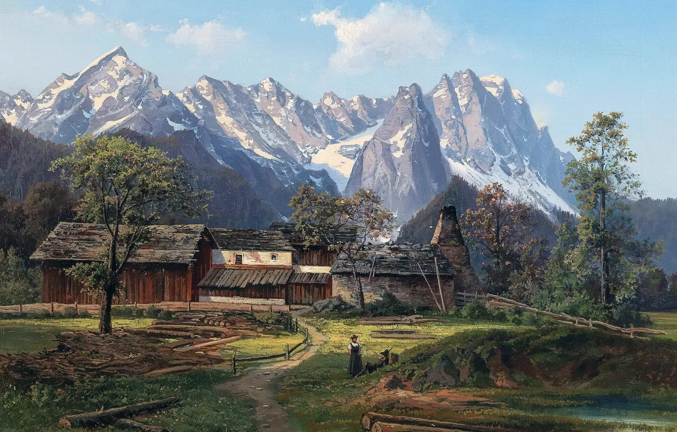 Photo wallpaper trees, mountains, woman, home, picture, Czech painter, Michael Hauptmann, Michael Haubtmann