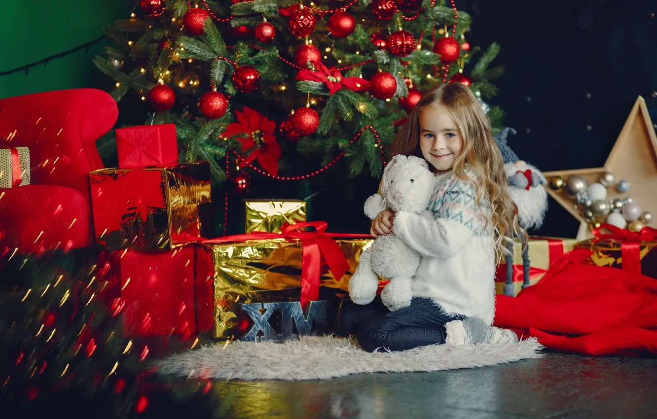 Photo wallpaper children, toy, new year, rabbit, Christmas, girl, Christmas decorations, the year of the rabbit