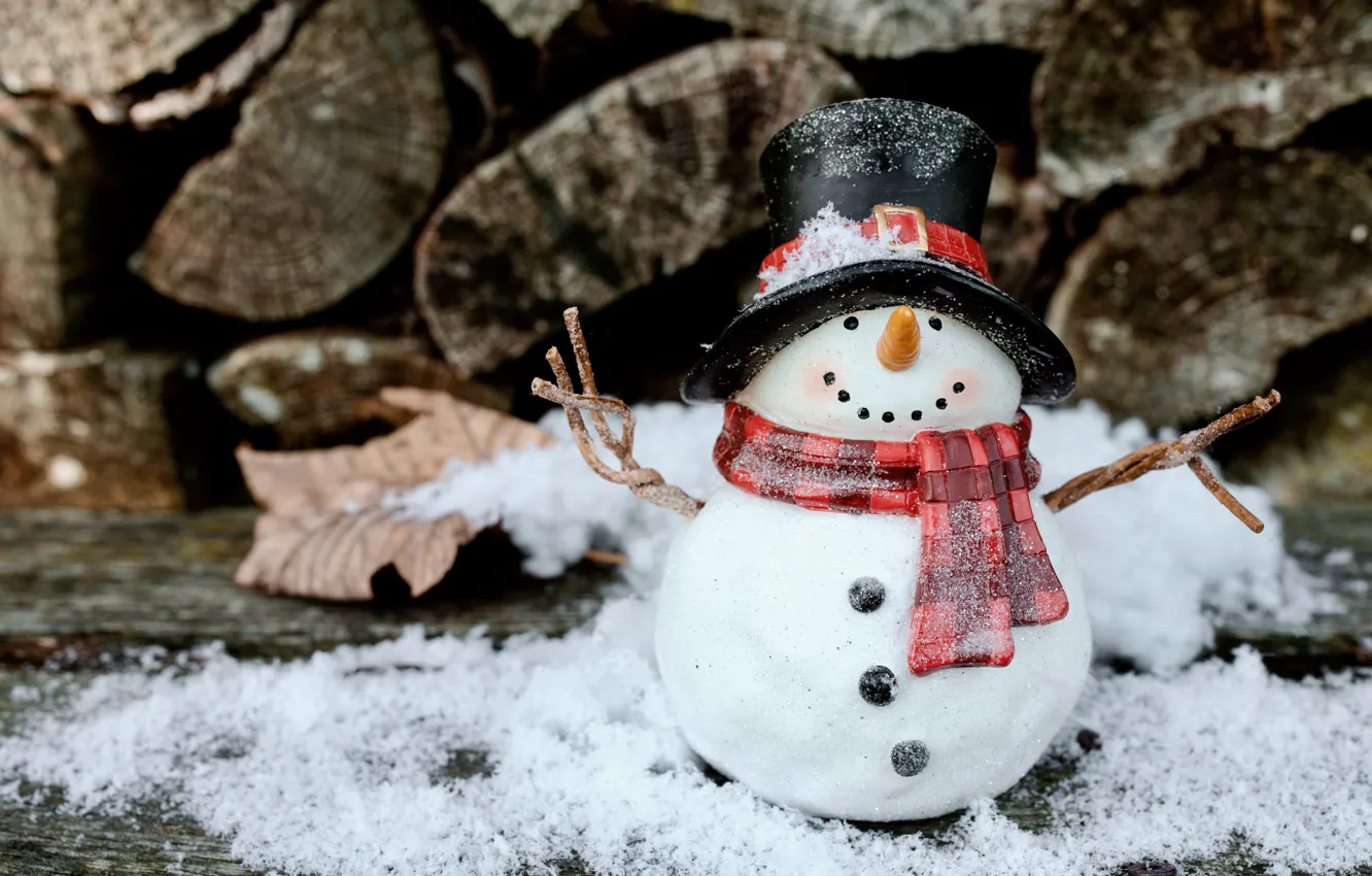 Photo wallpaper winter, snow, toy, new year, hat, Christmas, wood, snowman