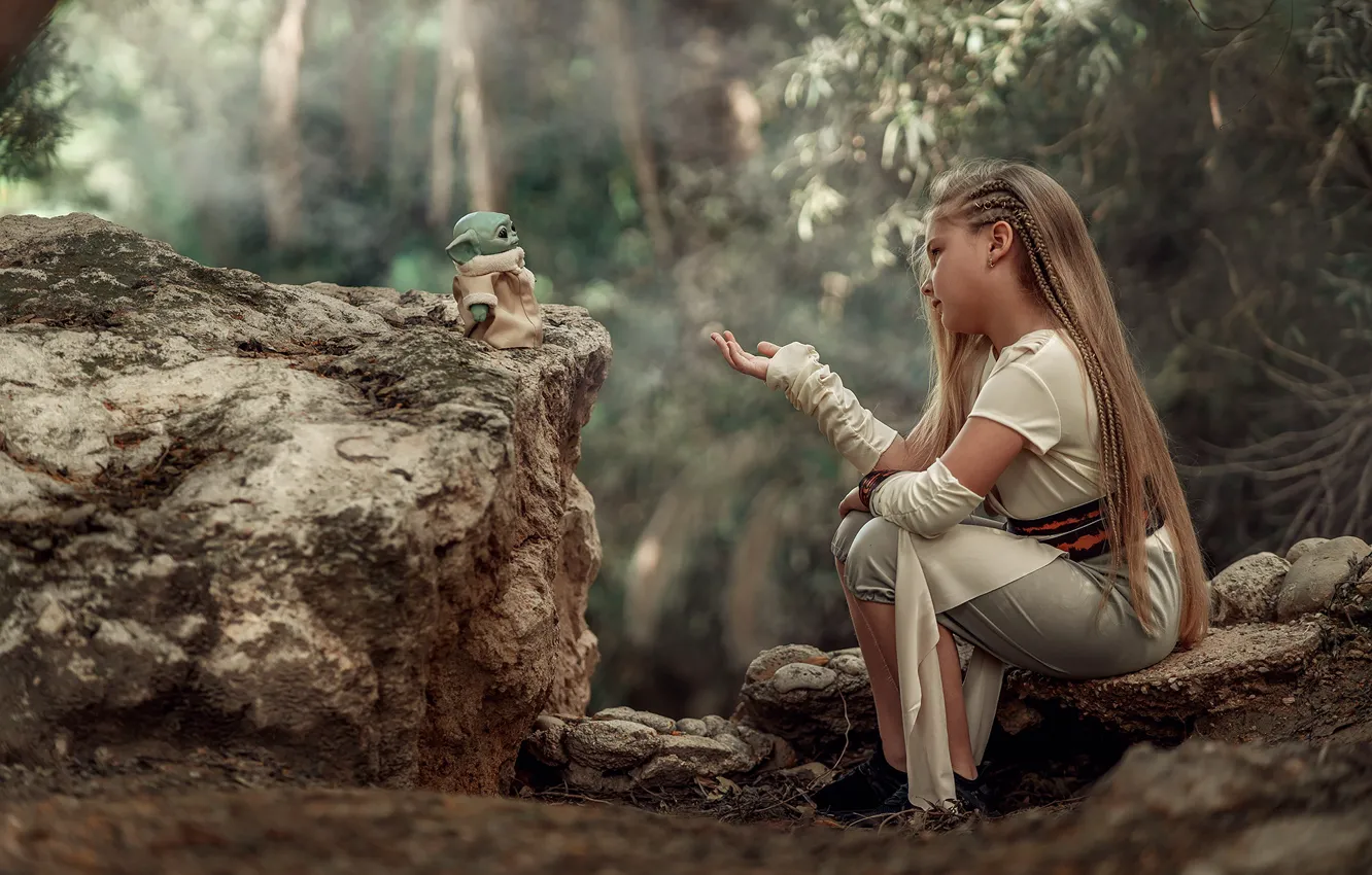 Photo wallpaper forest, nature, stones, toy, girl, child, Iodine, Oleg Shapovalov