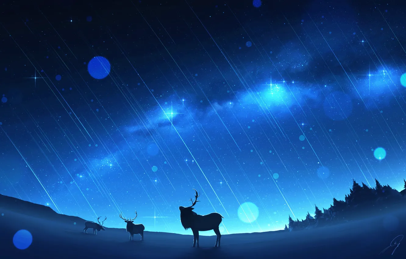 Photo wallpaper winter, deer, the milky way, Starfall