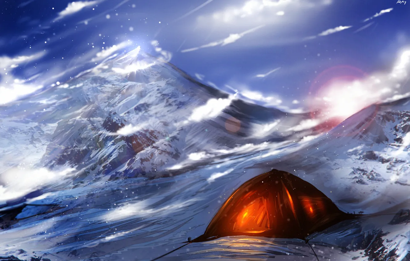Photo wallpaper mountains, art, tent, light, ryky