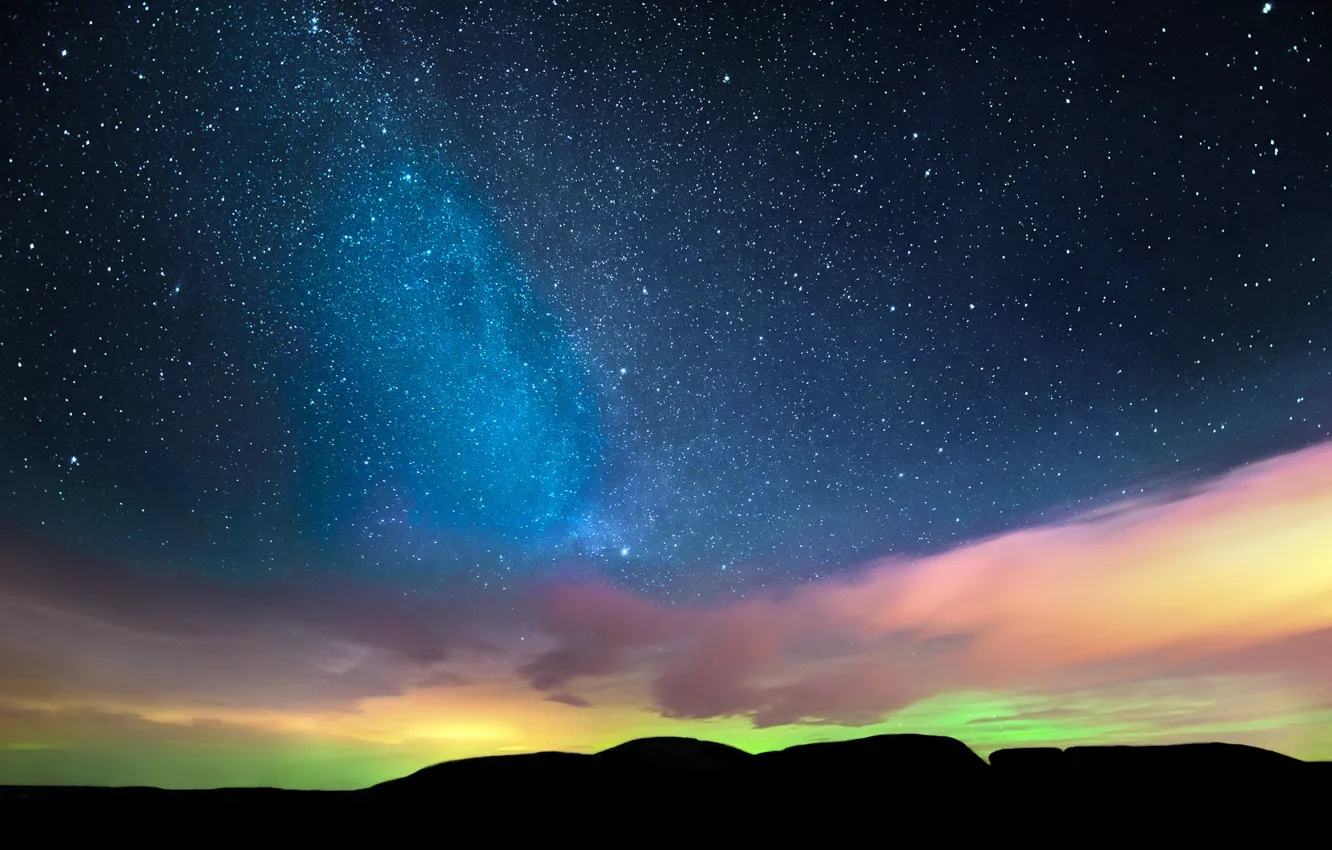 Photo wallpaper the sky, stars, clouds, night, Northern lights, horizon