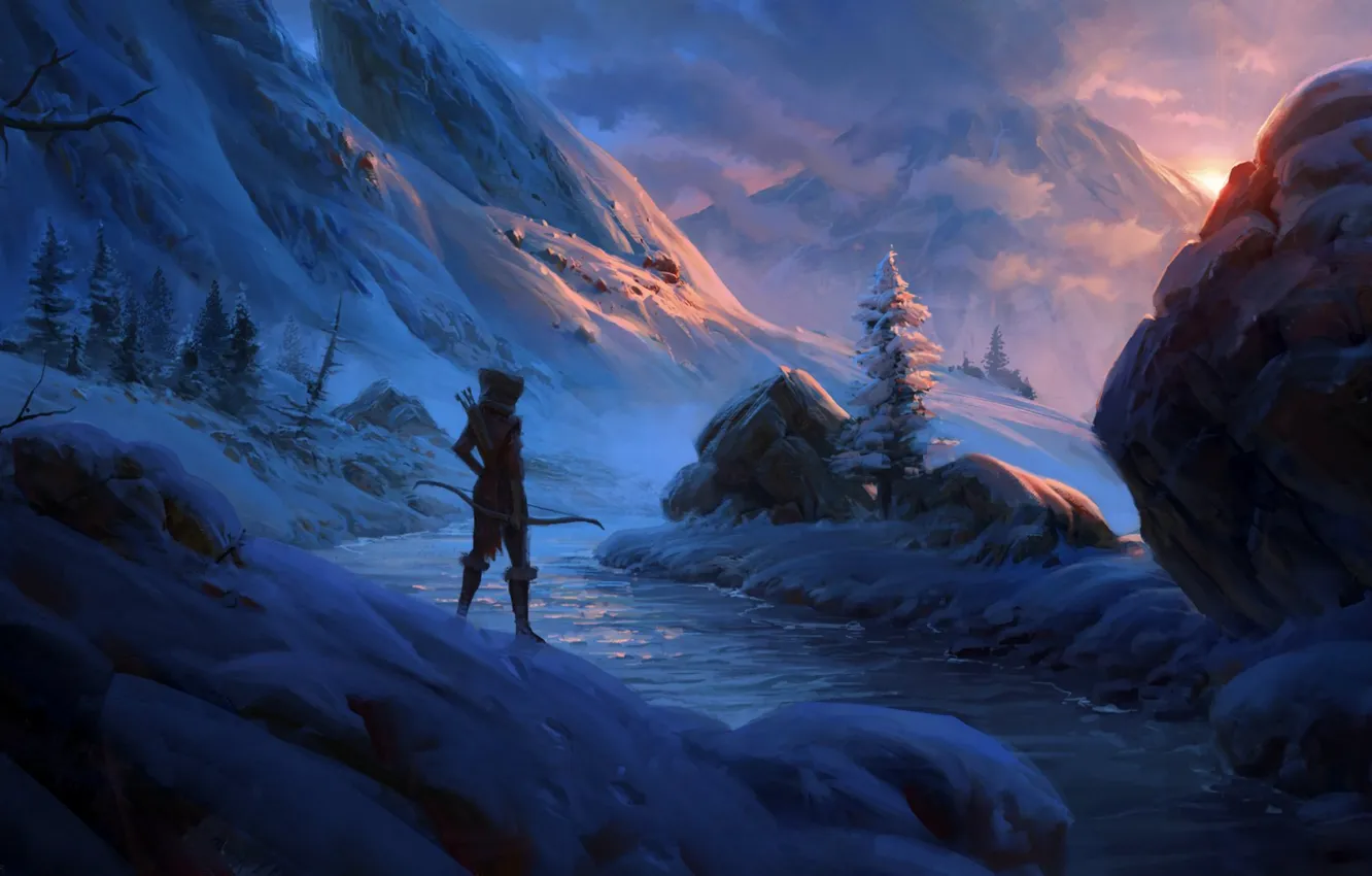 Photo wallpaper snow, sunset, mountains, stream, stones, warrior, art, traveler