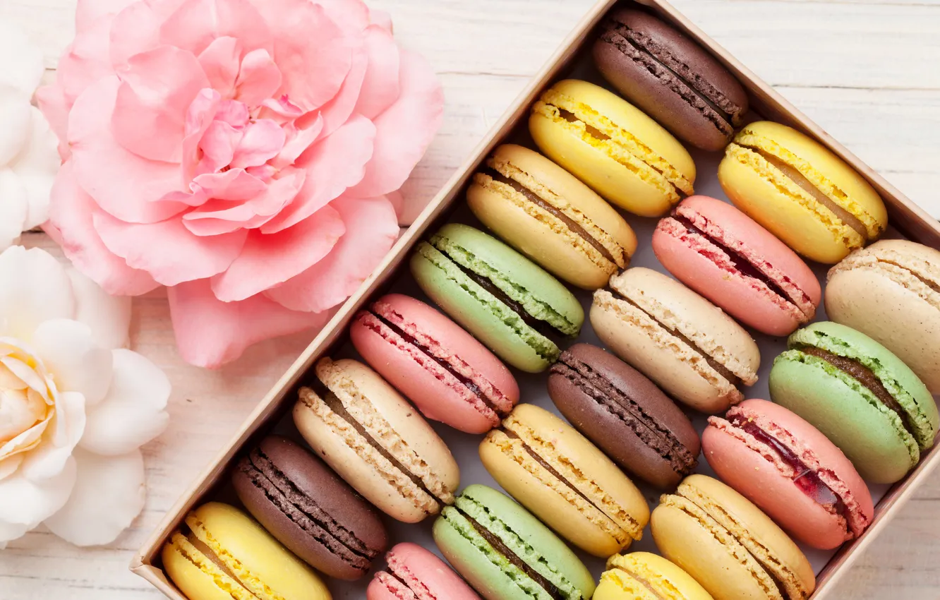 Photo wallpaper flowers, gift, colorful, wood, pink, flowers, macarons, gift box