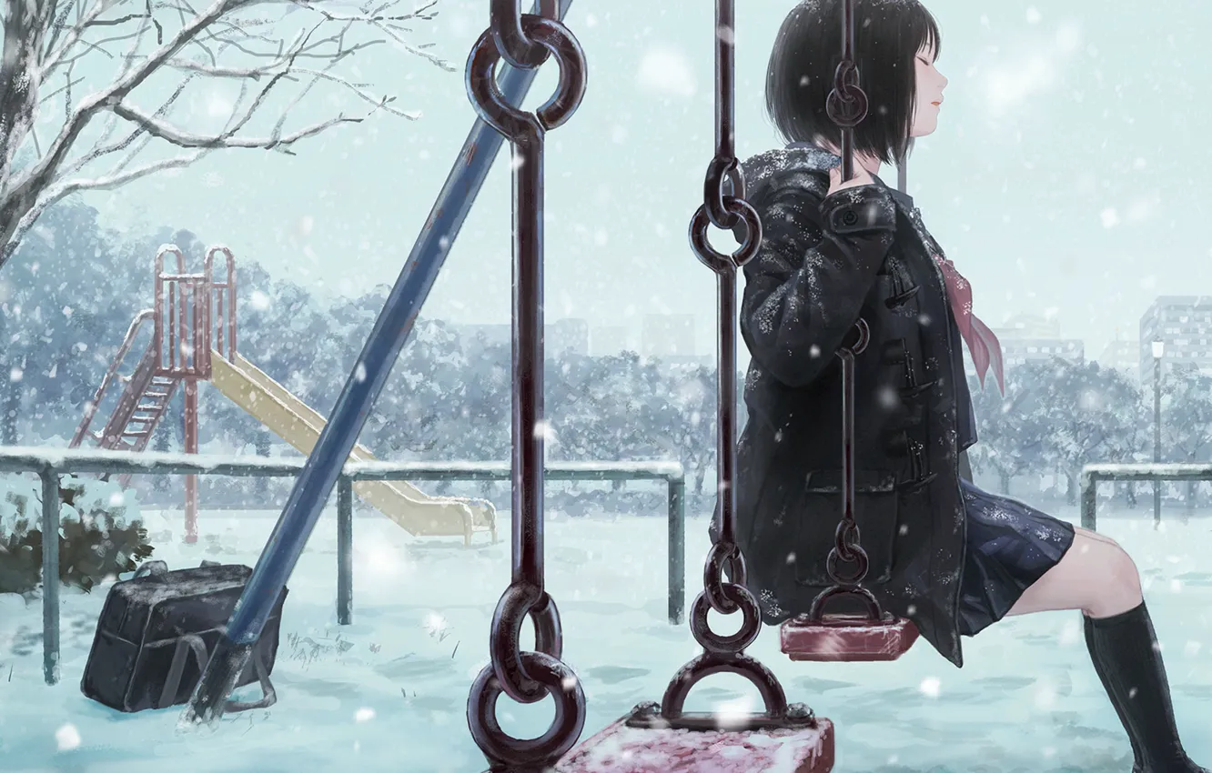 Photo wallpaper winter, girl, snow, swing