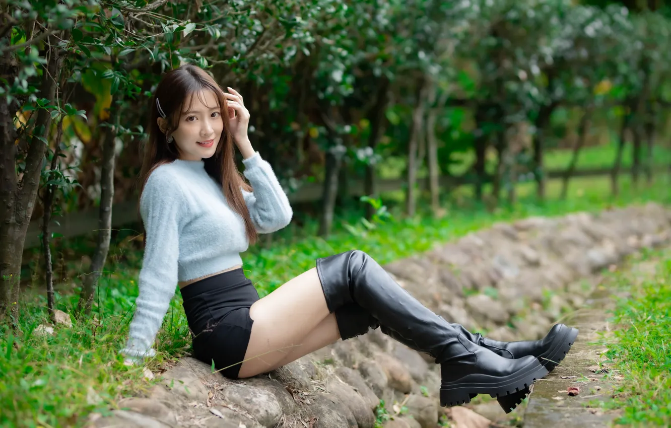 Photo wallpaper long hair, model, women, asian, sitting, dark hair, boots, sweater