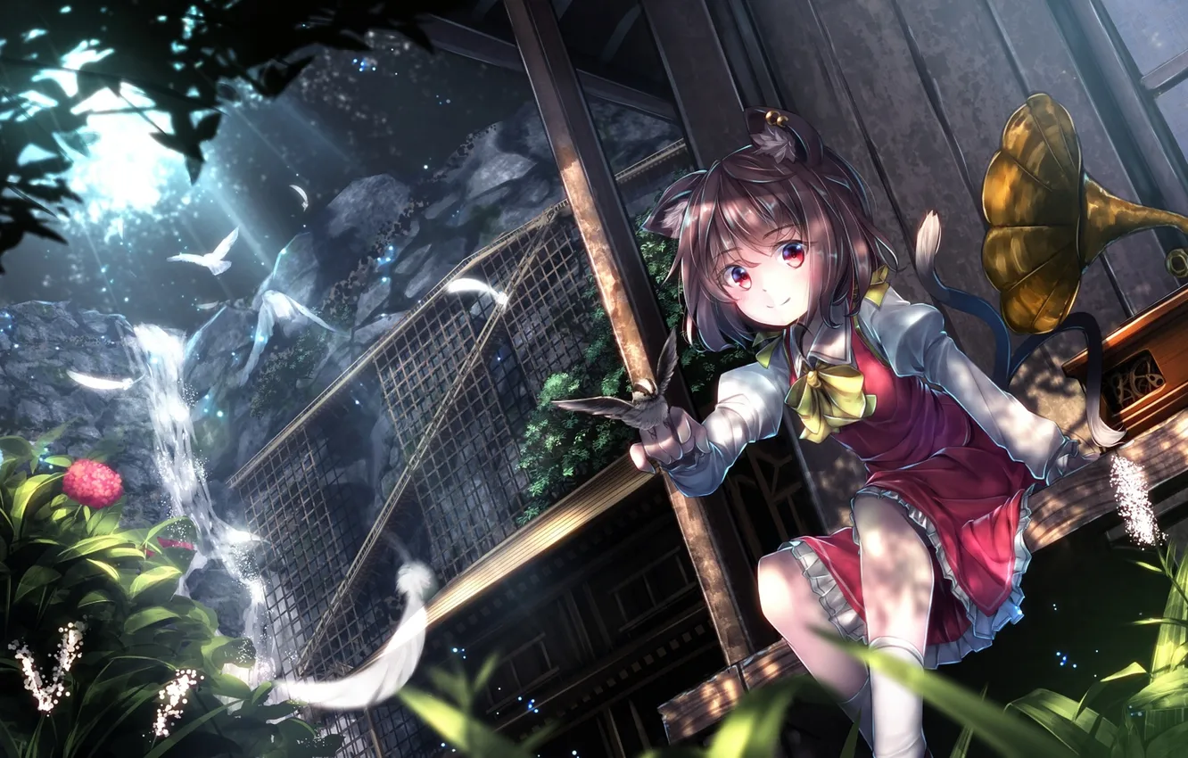 Photo wallpaper girl, trees, birds, nature, house, waterfall, anime, feathers