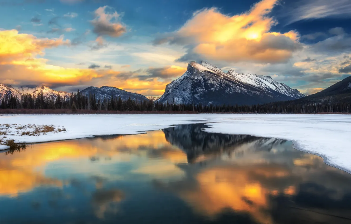 Photo wallpaper winter, clouds, snow, sunset, mountains, lake, reflection