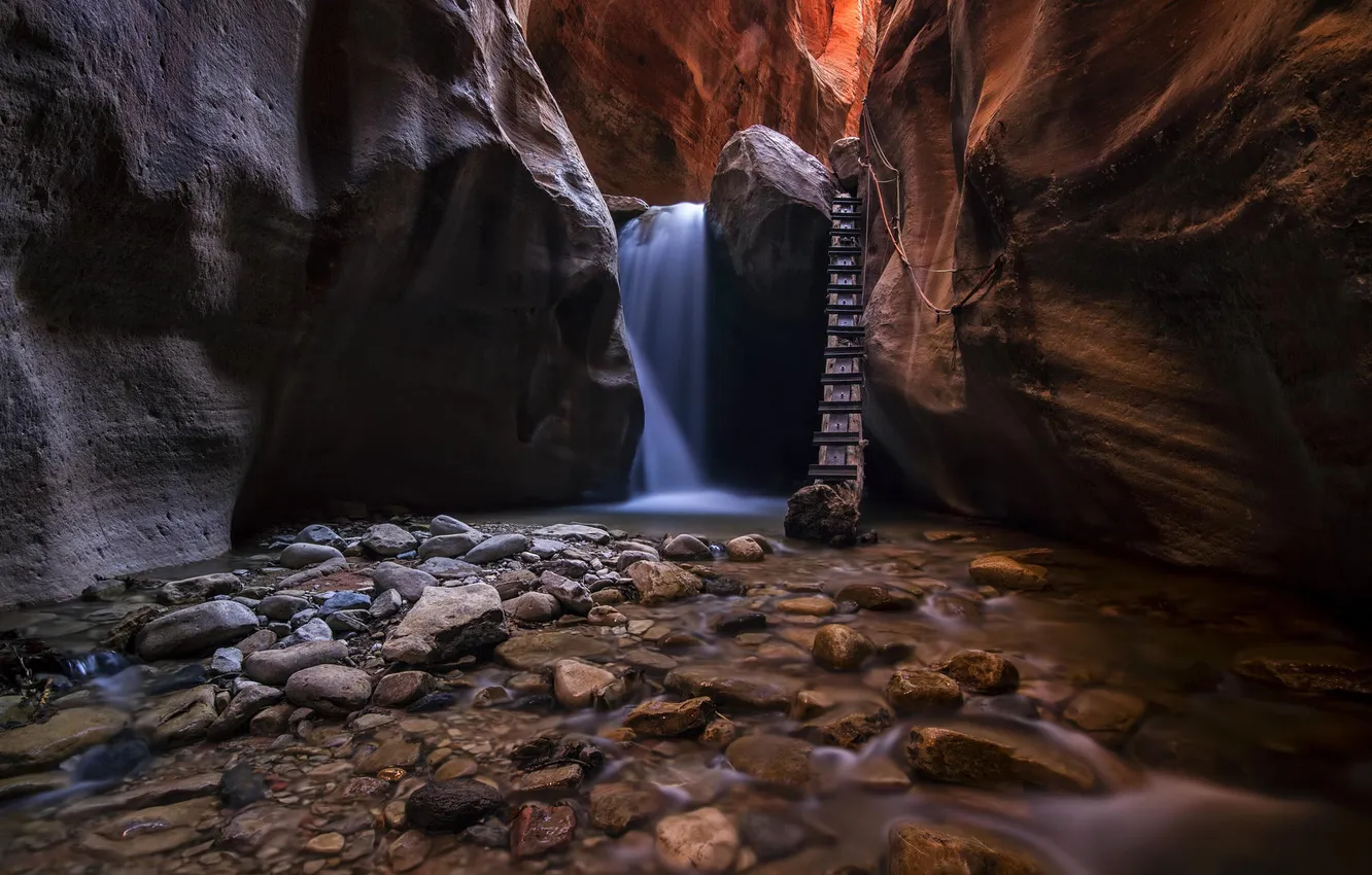 Photo wallpaper water, stream, stones, rocks, stream, ladder, canyon, Utah