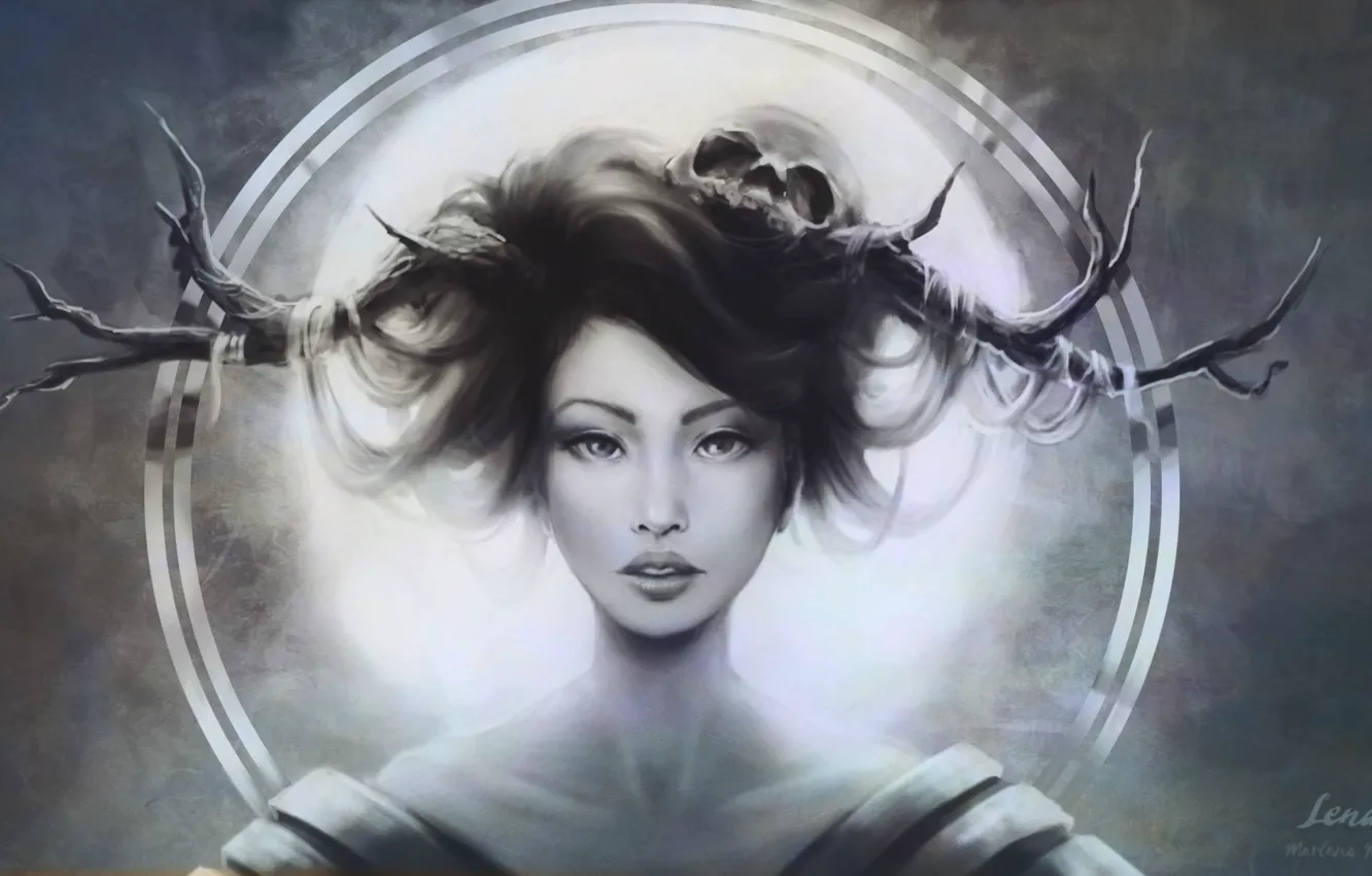 Photo wallpaper girl, Gothic, skull, horns, by LenamoArt