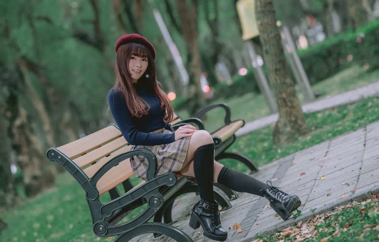 Photo wallpaper girl, bench, Park, feet, Asian, sitting, Golf, takes