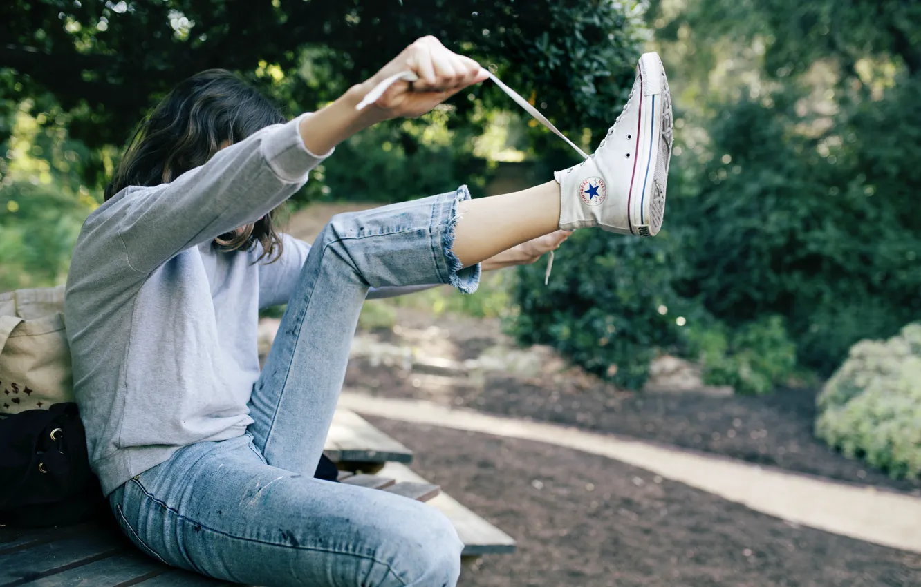 Photo wallpaper girl, sneakers, jeans