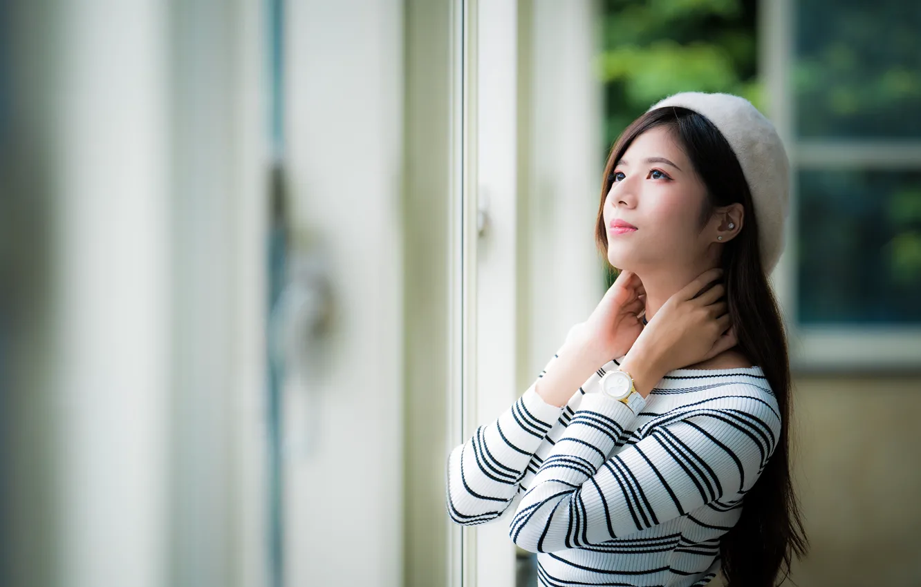 Photo wallpaper girl, Asian, cutie, takes, bokeh