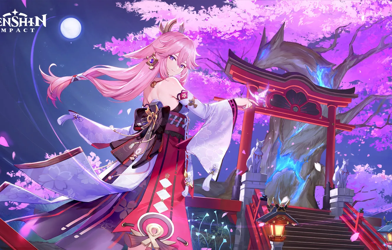 Photo wallpaper temple, ponytail, torii, kitsune, Genshin Impact, Yae Miko