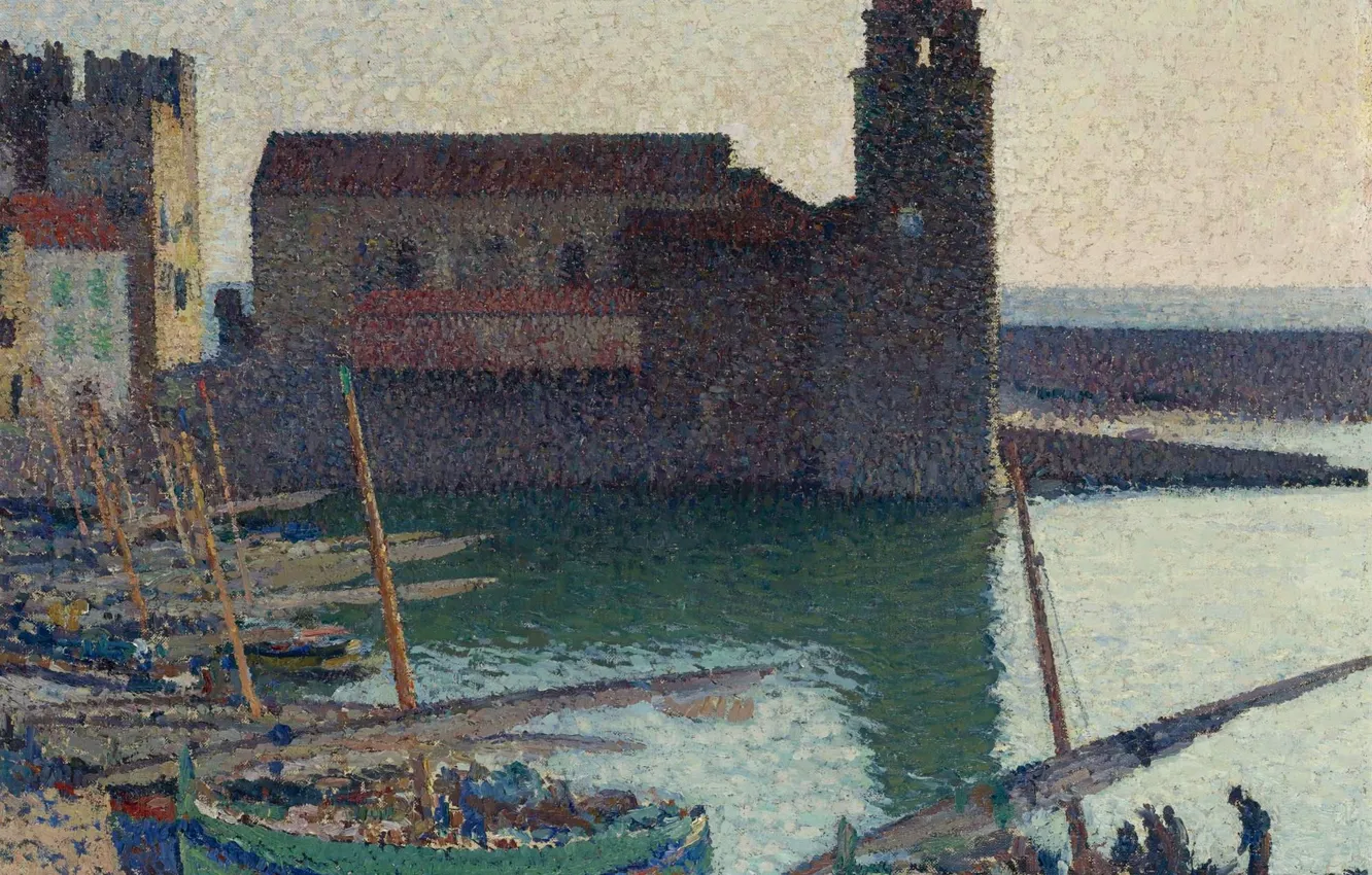 Photo wallpaper sea, boat, tower, picture, pointillism, Henri-Jean Guillaume Martin, The Port Of Collioure, Henri Matrin
