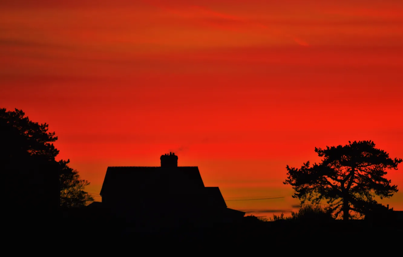 Photo wallpaper house, trees, morning, sunrise, dawn, vegetation, silhouettes