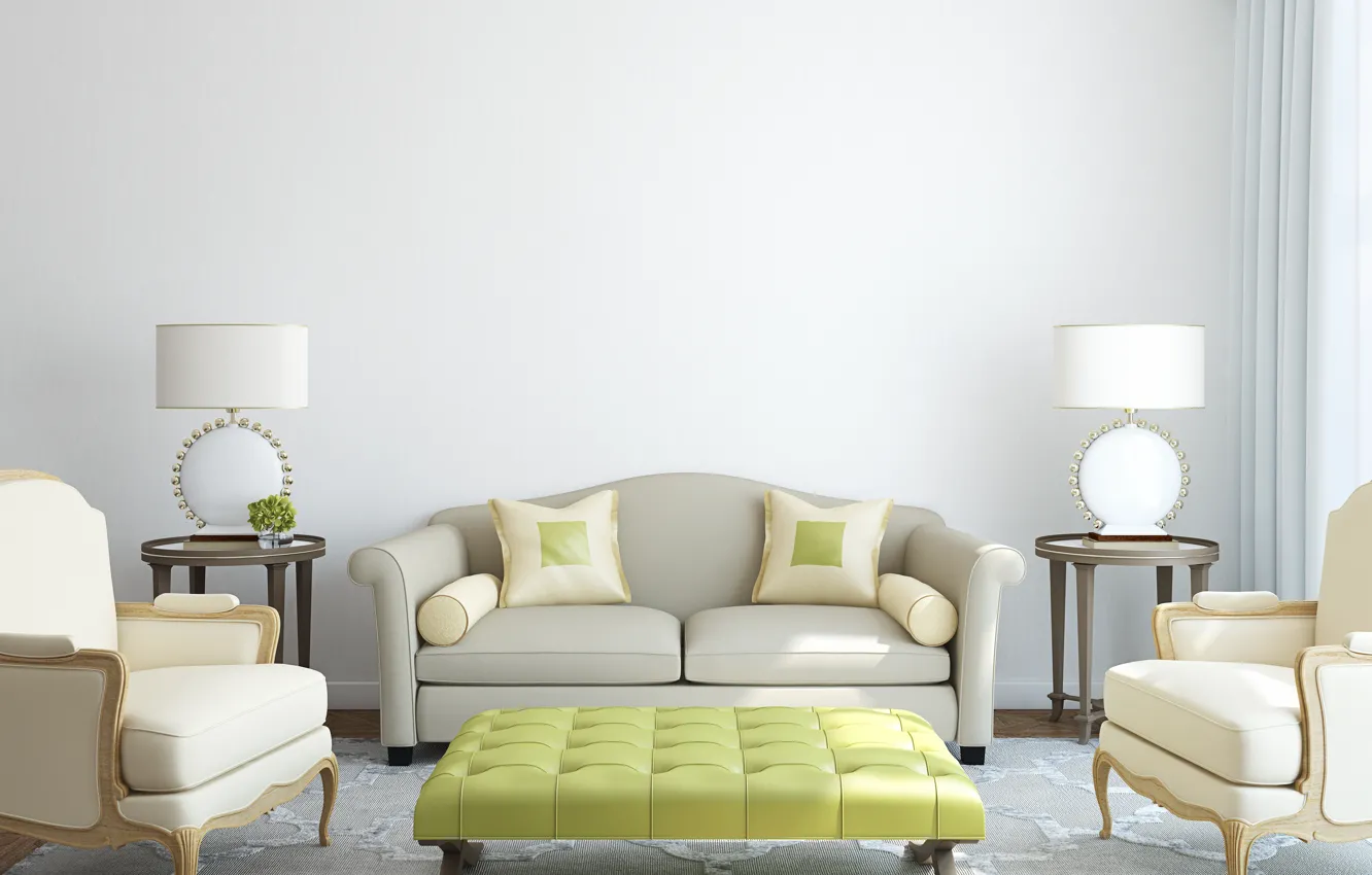 Photo wallpaper room, sofa, carpet, pillow, chairs, lamps, tables