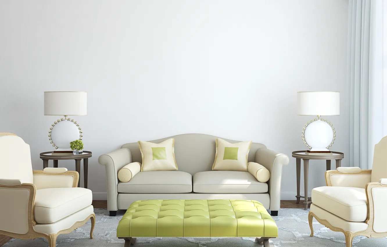 Photo wallpaper room, sofa, carpet, chair, pillow, lamp, table