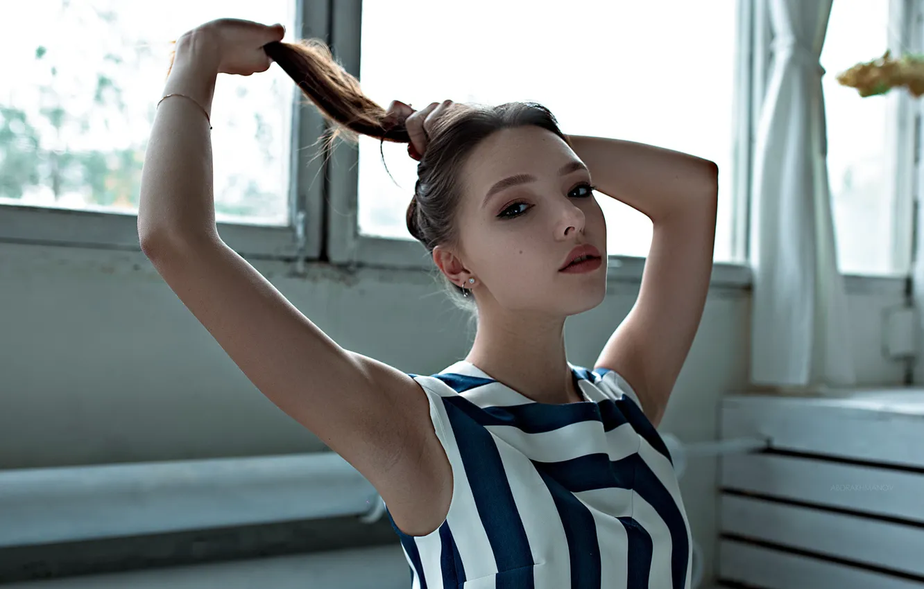 Photo wallpaper girl, dress, photo, photographer, ponytail, model, bokeh, brunette