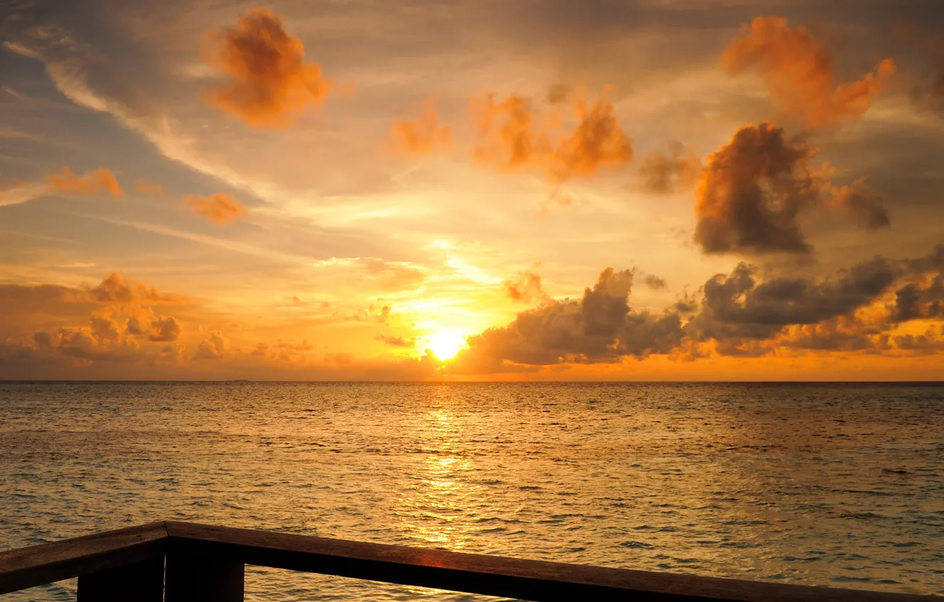Photo wallpaper sea, the sky, the sun, clouds, sunset, tropics, horizon, The Maldives