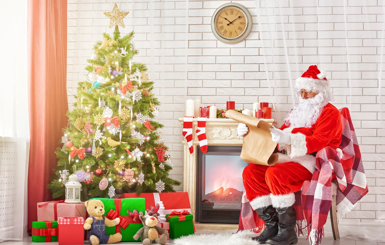 Photo wallpaper New Year, Christmas, merry christmas, decoration, christmas tree, santa claus