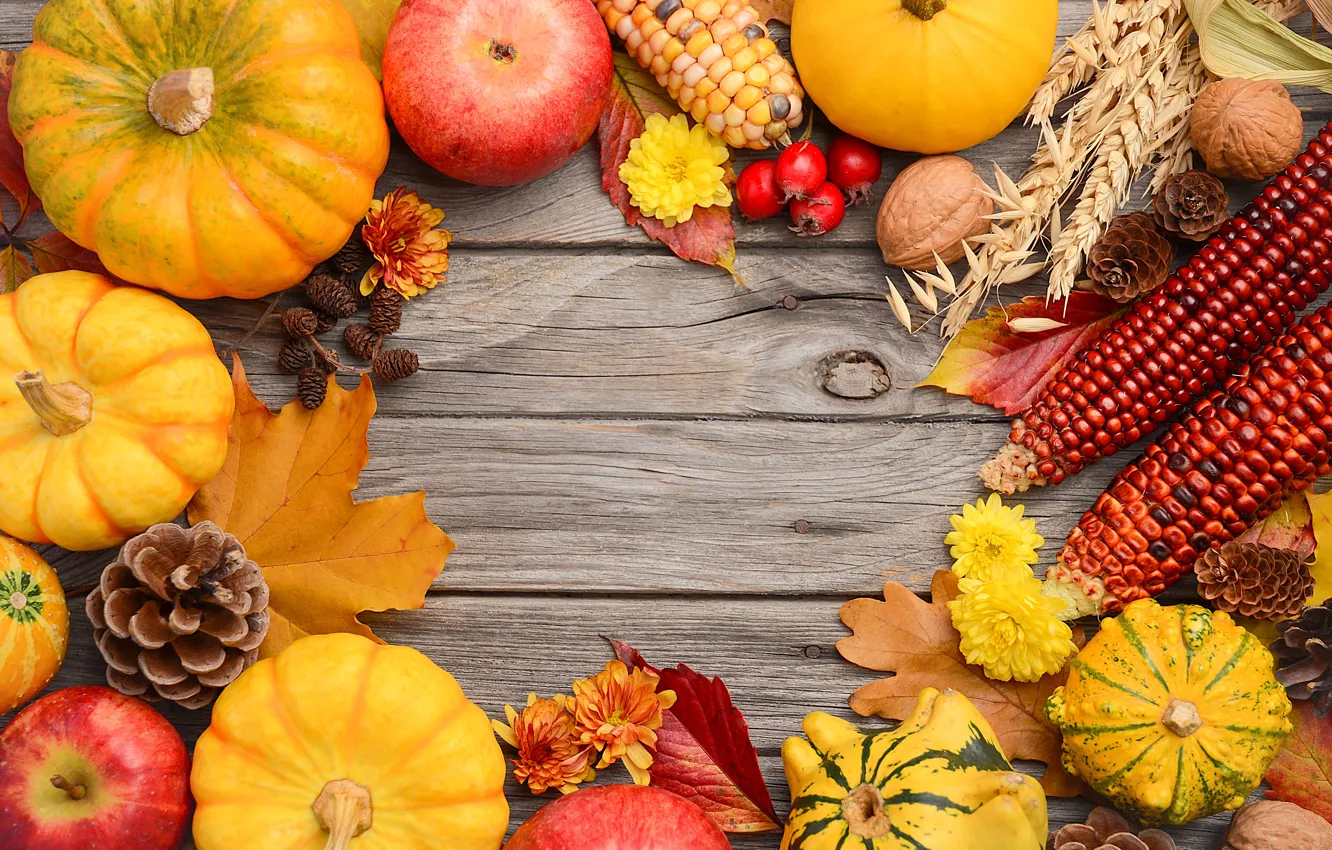 Photo wallpaper autumn, leaves, background, colorful, harvest, pumpkin, maple, wood