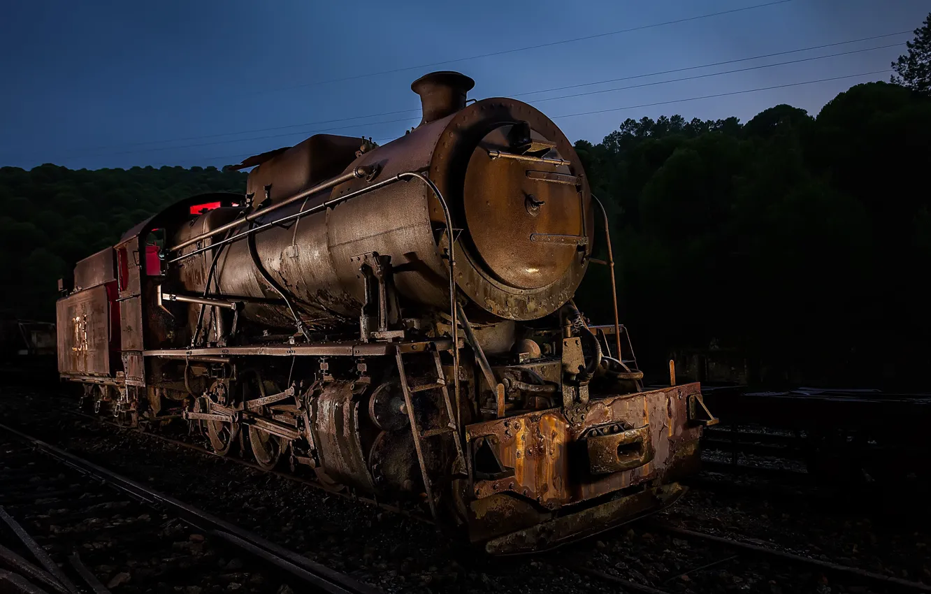 Photo wallpaper night, the engine, railroad