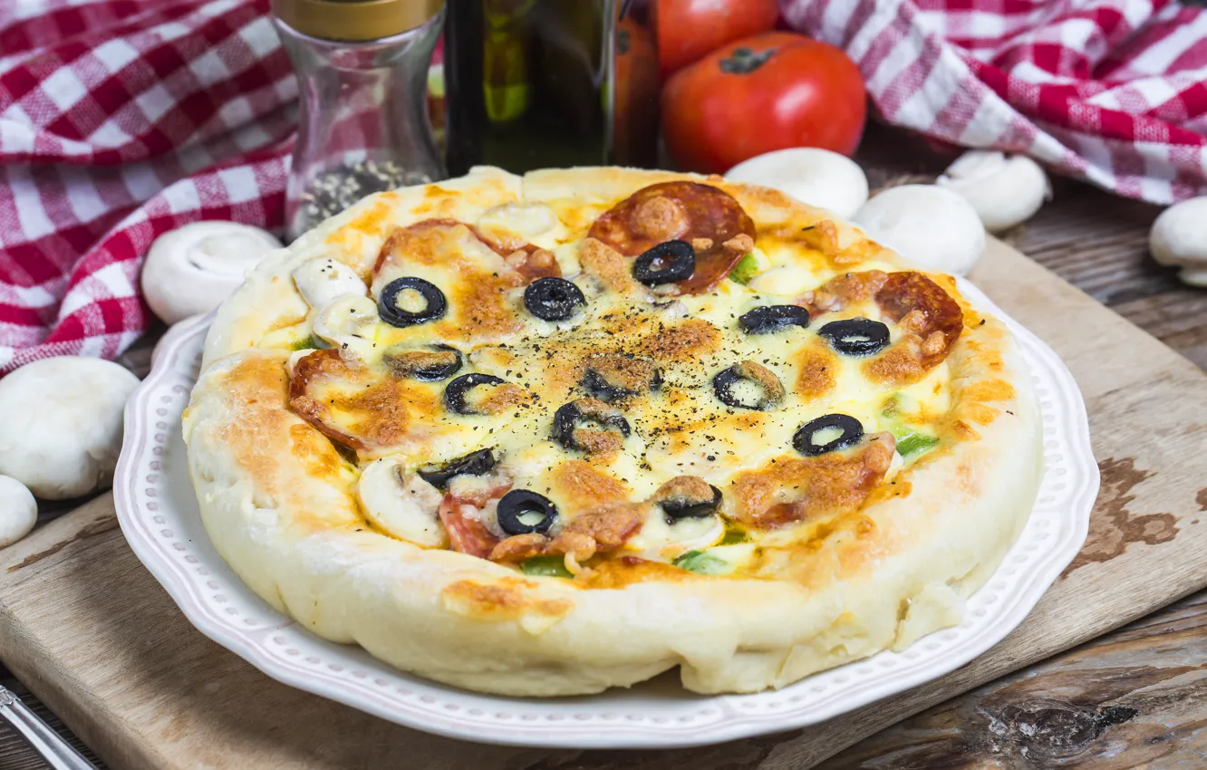 Photo wallpaper table, mushrooms, cheese, fabric, pizza, tomatoes, salami