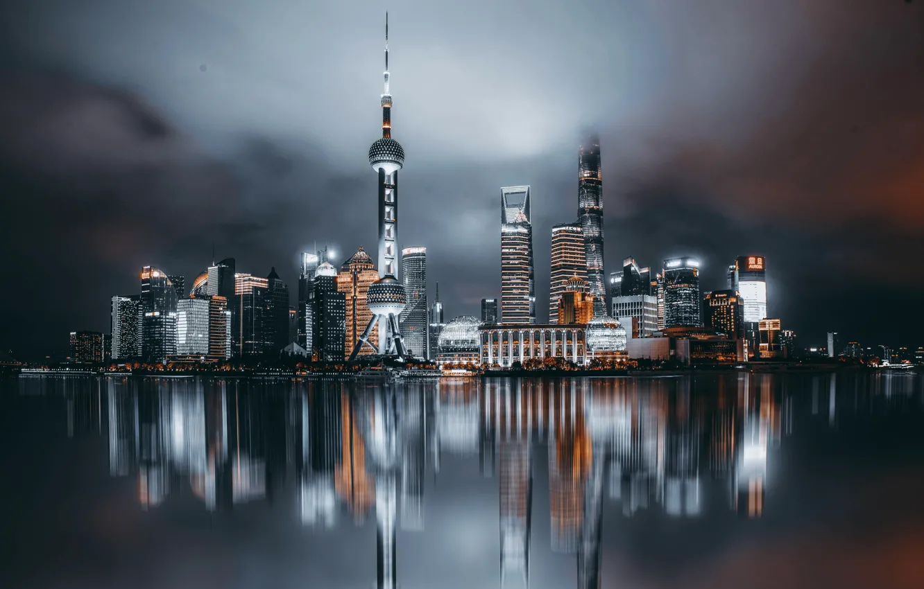 Photo wallpaper city, city lights, shanghai, cityscape, night city, reflections
