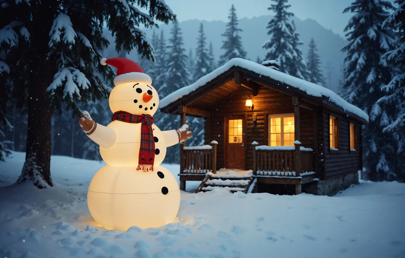 Photo wallpaper snow, decoration, night, lights, tree, new year, home, Christmas