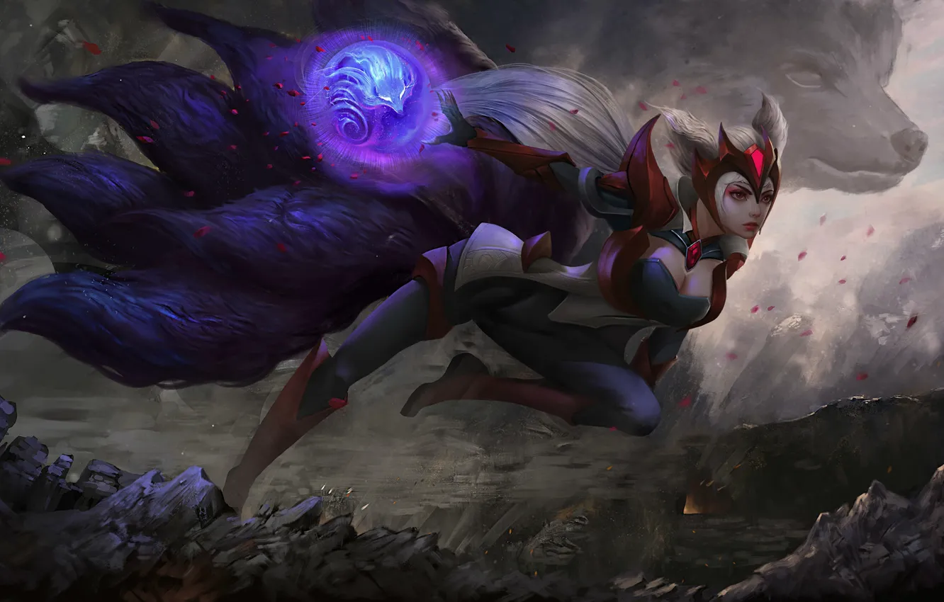 Photo wallpaper girl, movement, magic, wolf, sphere, League of Legends, Ahri